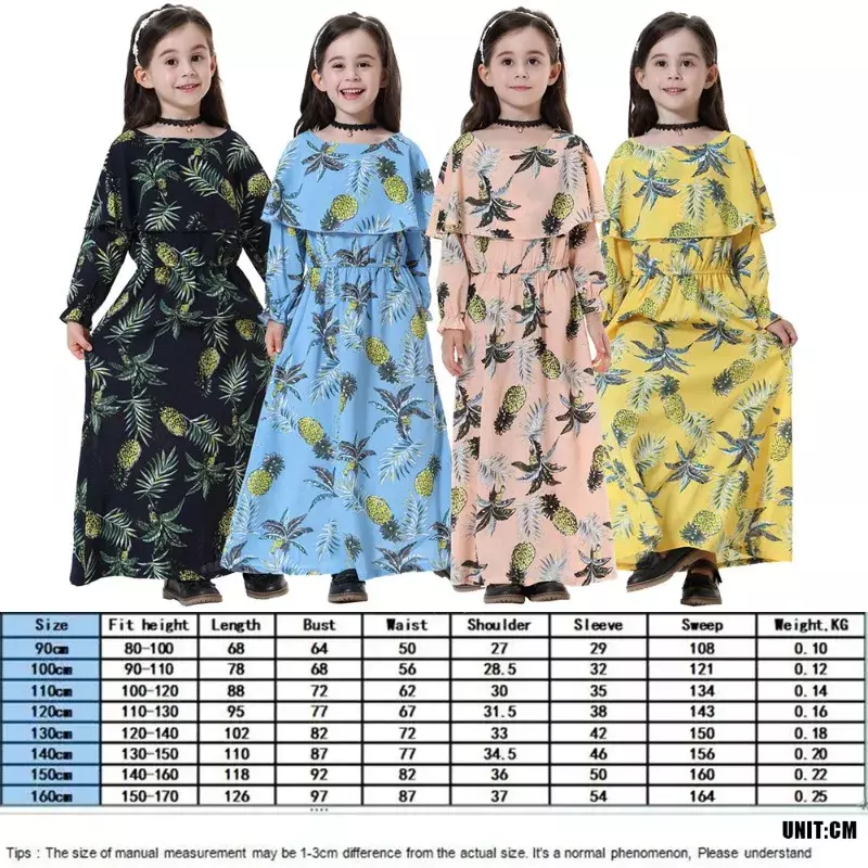 Girls Printed Long-sleeved Dresses Muslim Arab Girls Round Neck Robes Floral Dresses Turkish Islamic Clothing Children's Robes