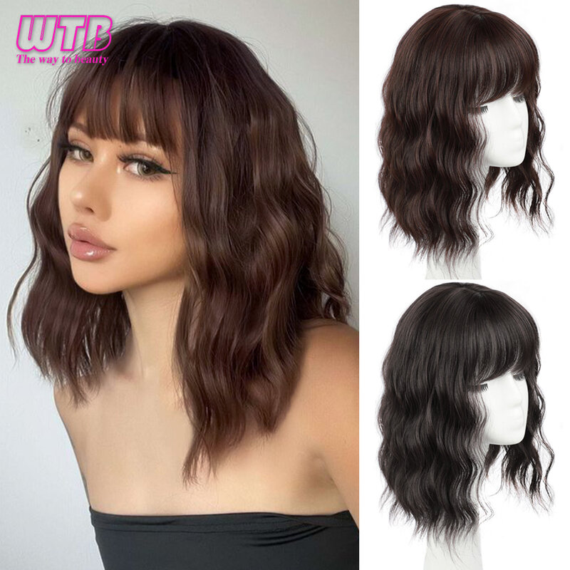 WTB Wig sintetik wanita, rambut palsu alami bergelombang halus tutup tidak terlihat rambut putih dengan poni