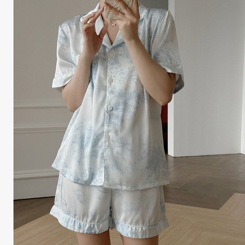 여성용 라펠 칼라 잠옷 셔츠 및 바지, 프렌치 스타일 레이온 홈 의류, 주머니가 있는 새로운 라운지웨어, 2 개