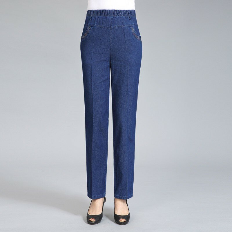 Новые джинсы для женщин среднего возраста, джинсы свободного кроя, женские джинсы с высокой талией, повседневные эластичные прямые брюки для мам