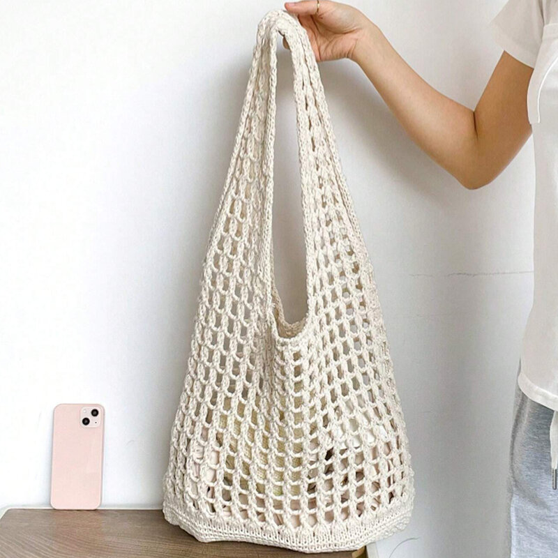 Hollow Crochet Mesh Shoulder Bag Bohemian Knitting Beach Bags for Women Woolen Yarn Woven Handbag Fishing Net Shopper Tote Bag