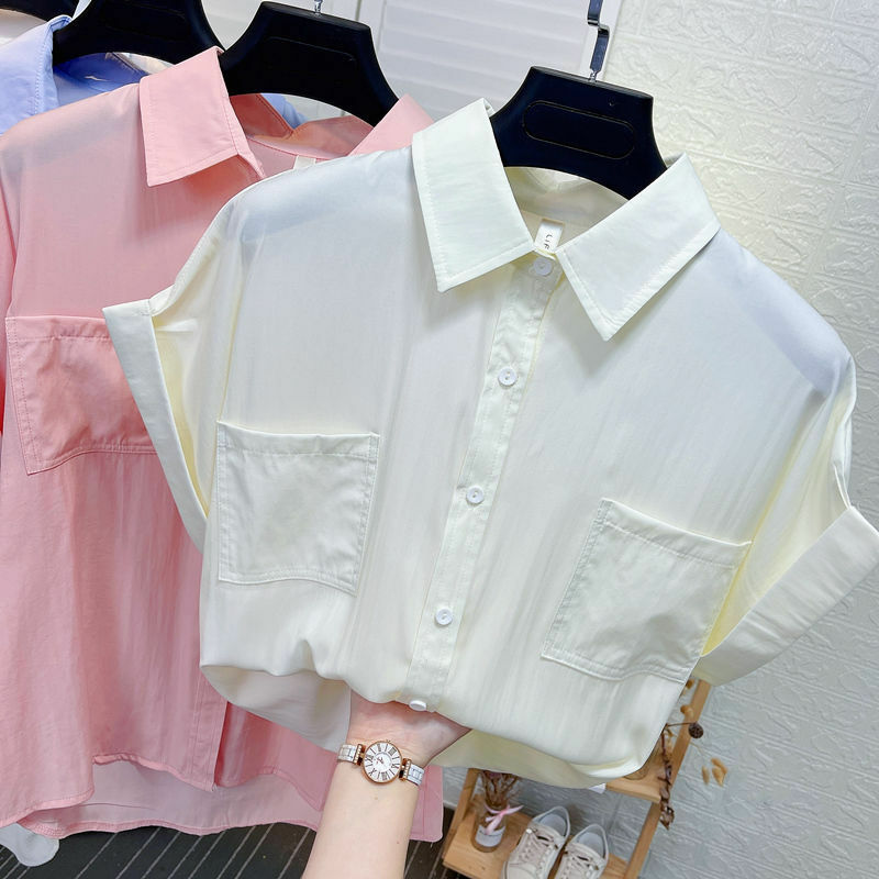 Camisa de botão extragrande feminina, dois bolsos, tops voadores de lapelas, manga curta, estilo coreano, retrô, cor sólida, verão, Y2K, novo, 2024