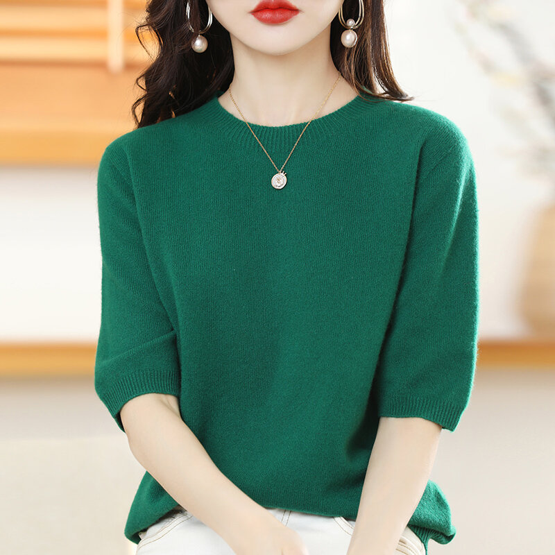 Suéteres de cuello redondo de lana para mujer, camisas informales de manga corta, Tops de Color sólido, camisetas de talla grande, 2022