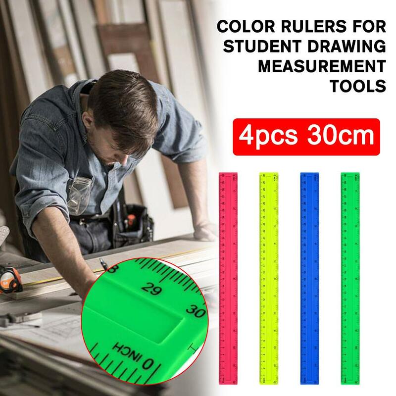 4pcs Color Clear Plastic Ruler 30cm Standard/Metric Ruler Ruler Measuring Tool Creative Student School Office Stationery Supplie
