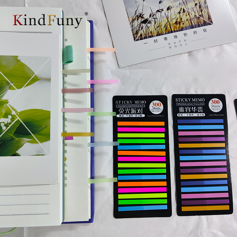 KindFuny 레인보우 긴 인덱스 스티커 300 시트, 형광 게시, 컬러 노트 마킹 키, 반투명 스티커 노트