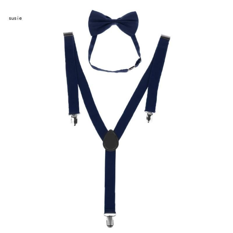 X7YA Unisex Adjustable Y-Back Suspenders Bow Tie Set Clip-On Braces Elastic Wedding