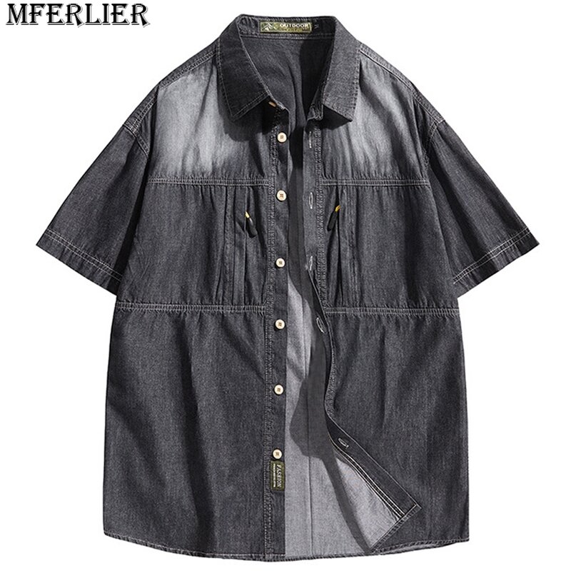 Denim Shirt Men Summer Short Sleeve Shirts Vintage Harajuku Cargo Shirts Jacket Male