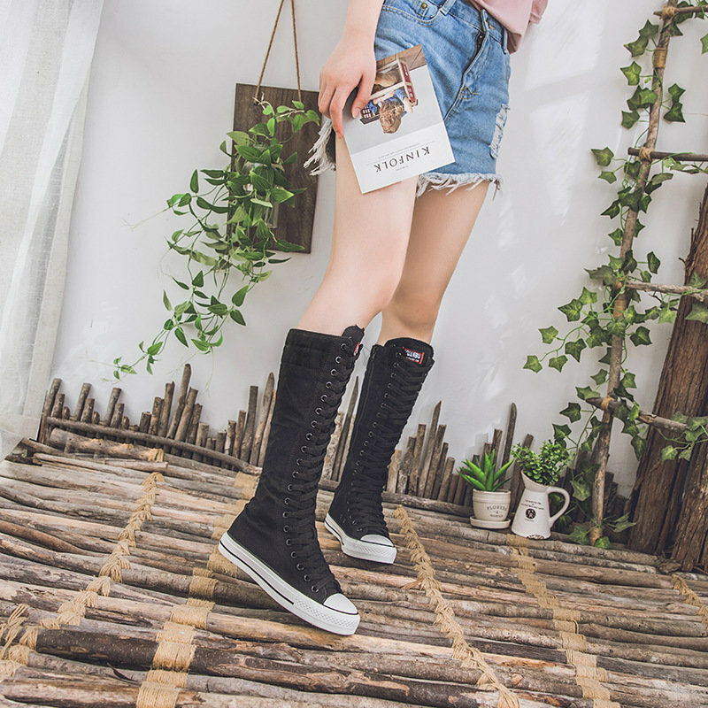 High Top Women's Canvas Shoes Knee High Boots Side Zipper Flats Vulcanized Shoes Lace-Up Comfortable Platform Sneakers Female