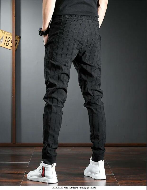 Moda Harajuku calças cargo para homens, jeans casual, calças cargo slim fit, com cordão, designer de listras, jogger kpop, primavera e outono