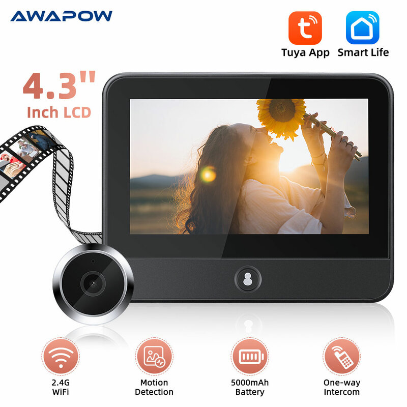 Awapow-Tuya Peephole Campainha Câmera, Visão Noturna IR, Câmera Door Eye, WiFi, Segurança Doméstica, 2.4G, 1080P