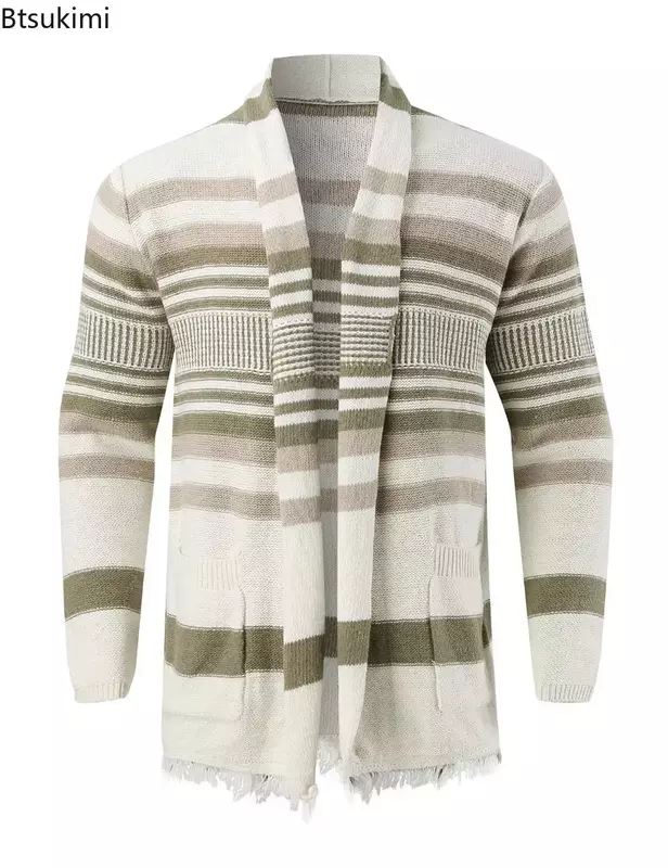 남성용 따뜻한 스웨터 가디건 재킷, 태슬 니트 스웨터 코트, 라펠 스트라이프 캐주얼 스트리트웨어 스웨터, 가을 겨울