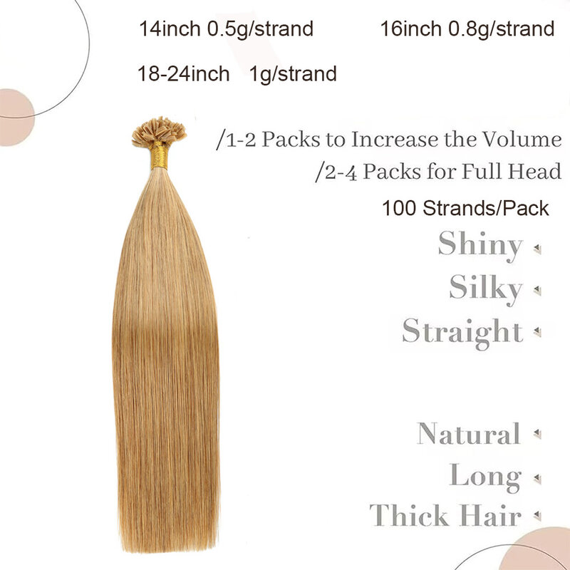 Straight U Dica extensões de cabelo, cabelo humano, Remy Hair, Honey Blonde, Nail Hair, 100 fios por pacote, #27