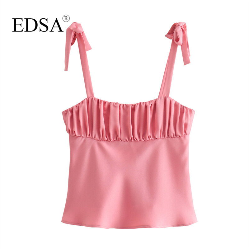 EDSA 여성용 우아한 핑크 새틴 탑, 리본 포함, 스트레이트 넥라인, 와이드 스트랩, 섹시 백리스 여성 블라우스, 2024 여름