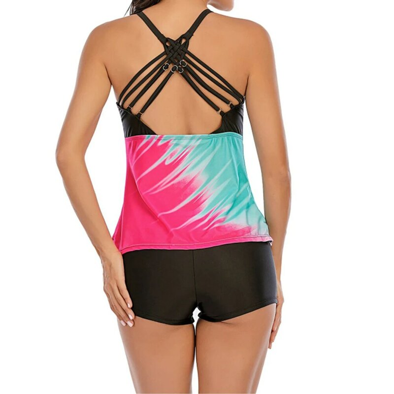 Tankini Set Swimsuit 2-Piece Women Casual Tropical Print Tankini Set Swimsuit Set Adjustable Suspenders With Elastic Shorts