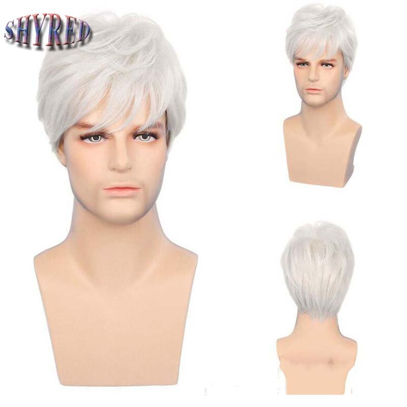 Curto prateado branco reto perucas encaracoladas para homens, cabelo sintético fofo, resistente ao calor, cosplay anime, festa diária
