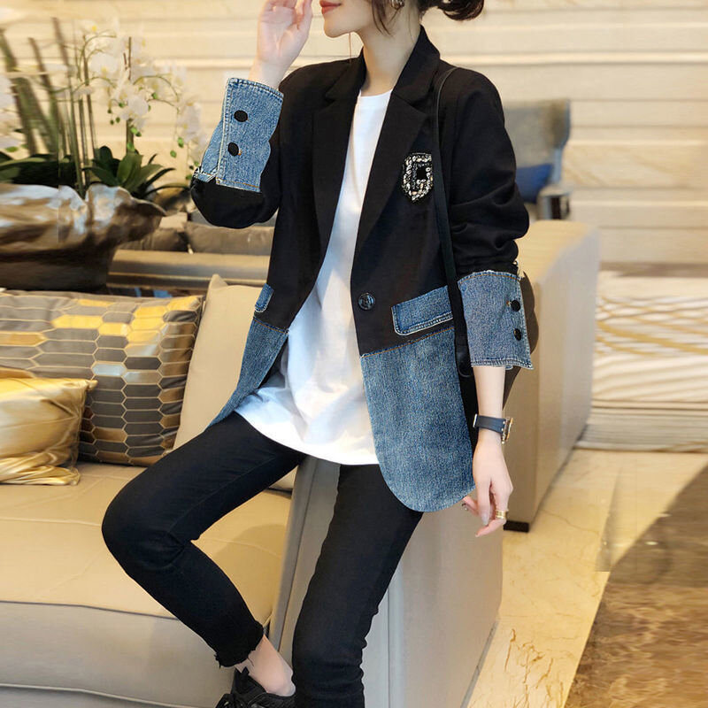 Autumn Winter Casual Fashion Denim Patchwork Blazers Ladies Harajuku Y2K Embroidery All-match Coat Women's Jacket Outwear Top