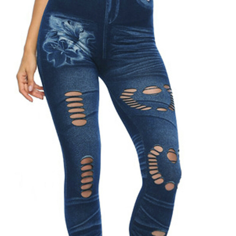 Women Sexy Casual Hollow Out Denim Leggings Pencil Fitness Elastic Leggings Ladies Sexy Hole Floral Print Yoga Jeans Pants