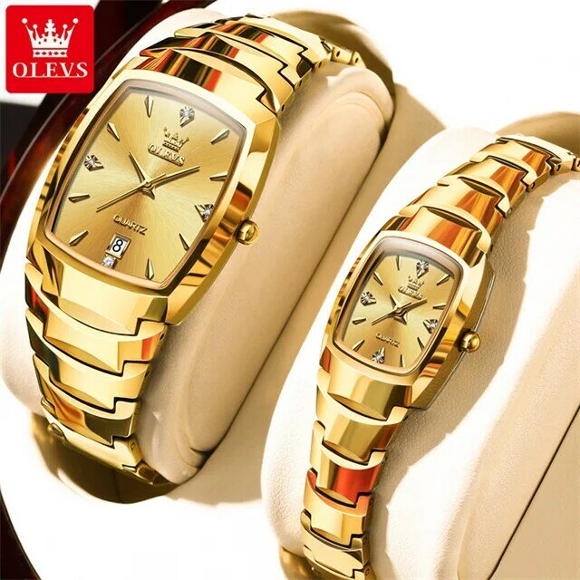 OLEVS-Relógio de pulso dourado do aço do tungstênio para homens e mulheres, par relógios, data impermeável, luxo