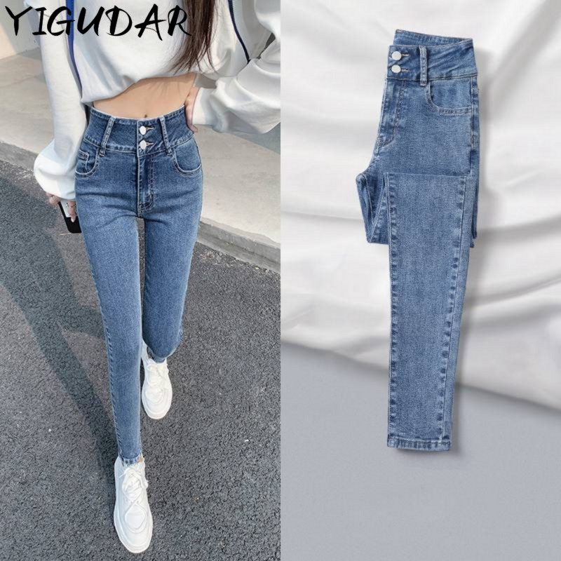 Jeans Skinny Wanita Celana Pensil Ramping Elastis Fashion Pinggang Tinggi Berkancing Multi Celana Denim Ibu Wanita Celana Panjang Streetwear