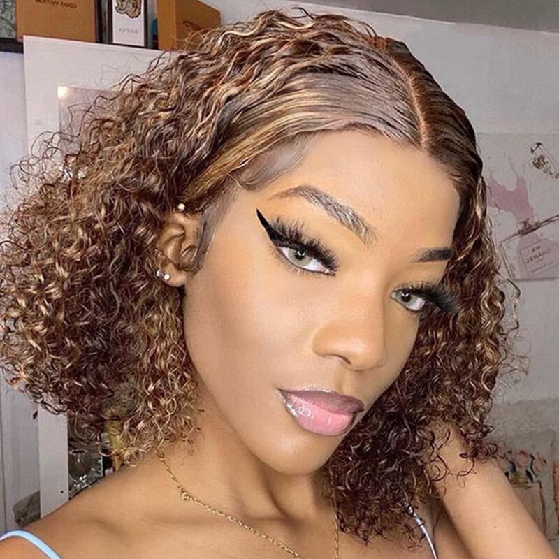 P4/27 Highlight Curly Bob Wigs 13x4 Lace Front Wig Brazilian Remy Human Hair Wigs Ombre Brown Deep Wave Short Bob Wig for Women