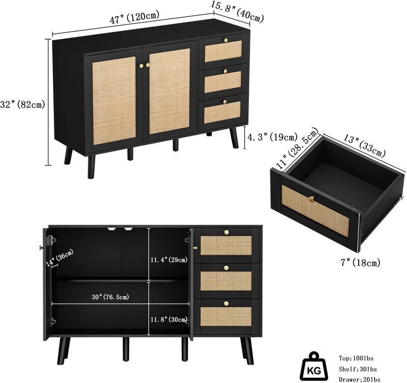 Rattan, kredensowa szafka bufetowa z 2 drzwiami i 3 szufladami, drewniana szafka do przechowywania kredenska do jadalni korytarz kuchnia