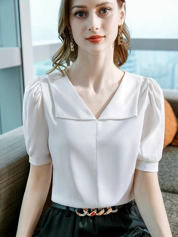 5XL 6XL vinatge blouse Spring Elegant Office Puff half Sleeve satin Shirt Fashion Simple Sweet Doll Collar White Ice Silk Top