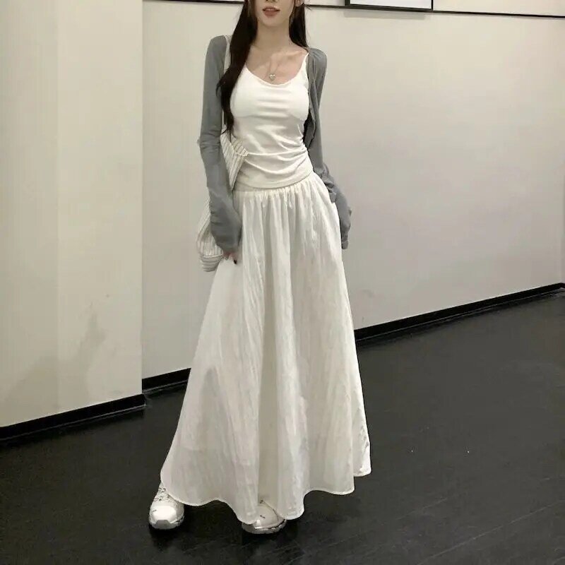 Kardigan lengan panjang gaya Korea, setelan tiga potong wanita modis baru, rok panjang putih dengan Suspender bawah, kardigan lengan panjang gaya Korea 2024