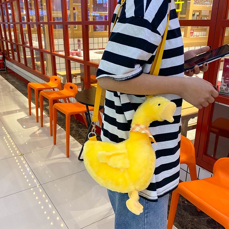 Tas selempang anak perempuan, tas bahu wanita katun angsa mainan hewan kartun bebek gaya Korea