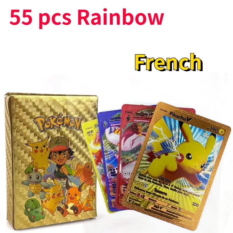 Carte de collection Pokémon Anime, Charizard Pikachu authentique, or allemand, français, coloré, anglais, or rose, noir, arc-en-ciel, bataille rare