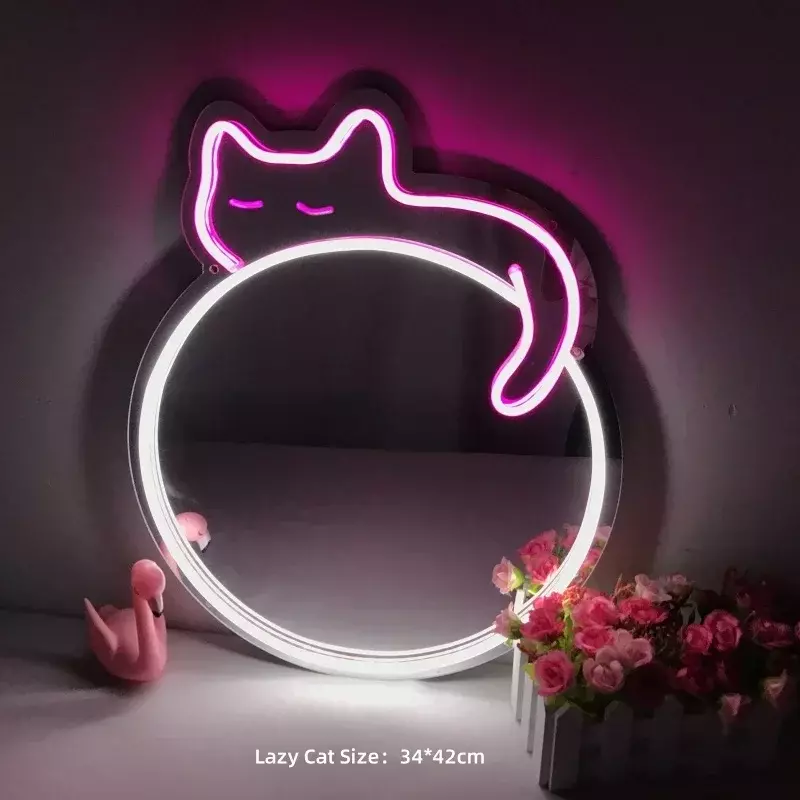 LEDミラーライト,かわいい猫の形をしたミラー効果,漫画のサイン,家の装飾,女の子の部屋,化粧鏡,パーティーの壁の装飾,USB電源