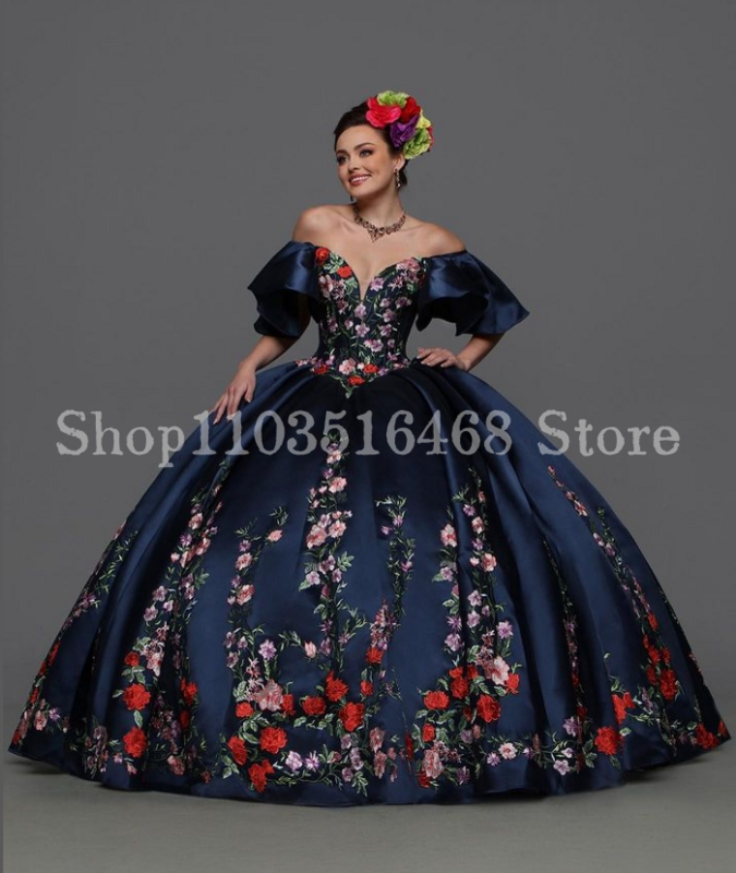 Diamond Blue Quinceanera Dresses 2024 Luxury Mexican Charro Strapless Silk Floral Embroidered Corset vestidos de 15 años