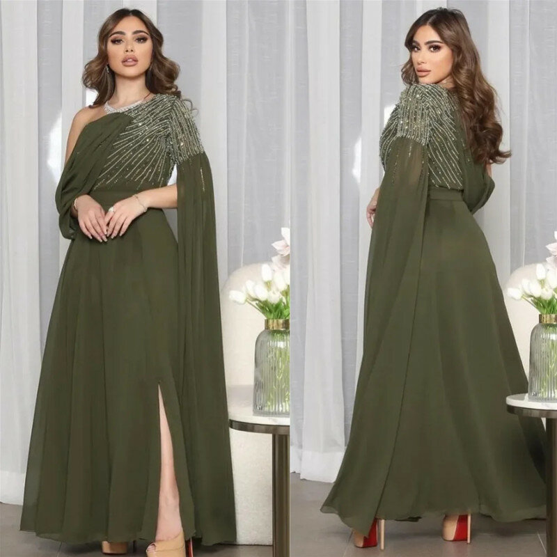 Aleeshuo Modern A-Line Slit Chiffon Formal Evening Dresses One-Shoulde Long Sleeves Saudi Arabic Women Shiny Beading Prom Gowns