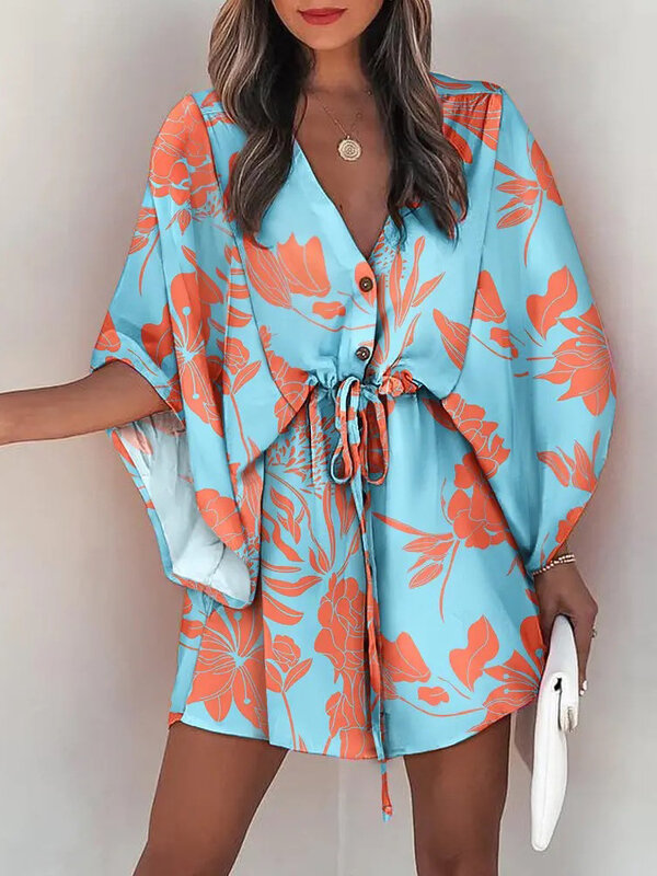 Gaun pantai leher V, pakaian pantai longgar bertali untuk wanita 2024 pantai liburan musim panas
