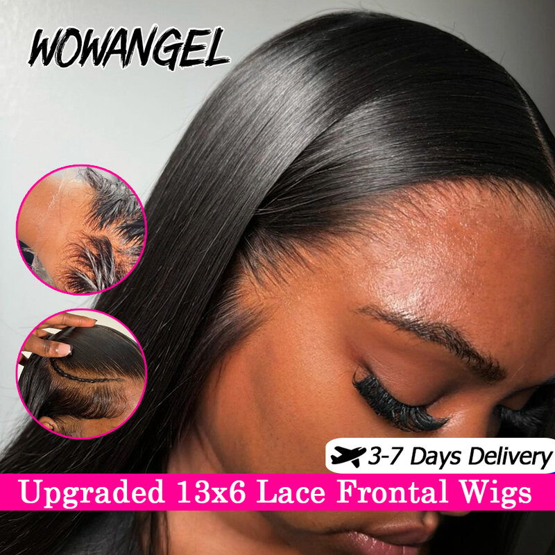 WowAngel-HD Lace Full Frontal Perucas, Glueless Cabelo Humano Liso, Pré Arrugado Couro cabeludo Natural, Cabelo Brasileiro, 250% Atualizado, 13x6