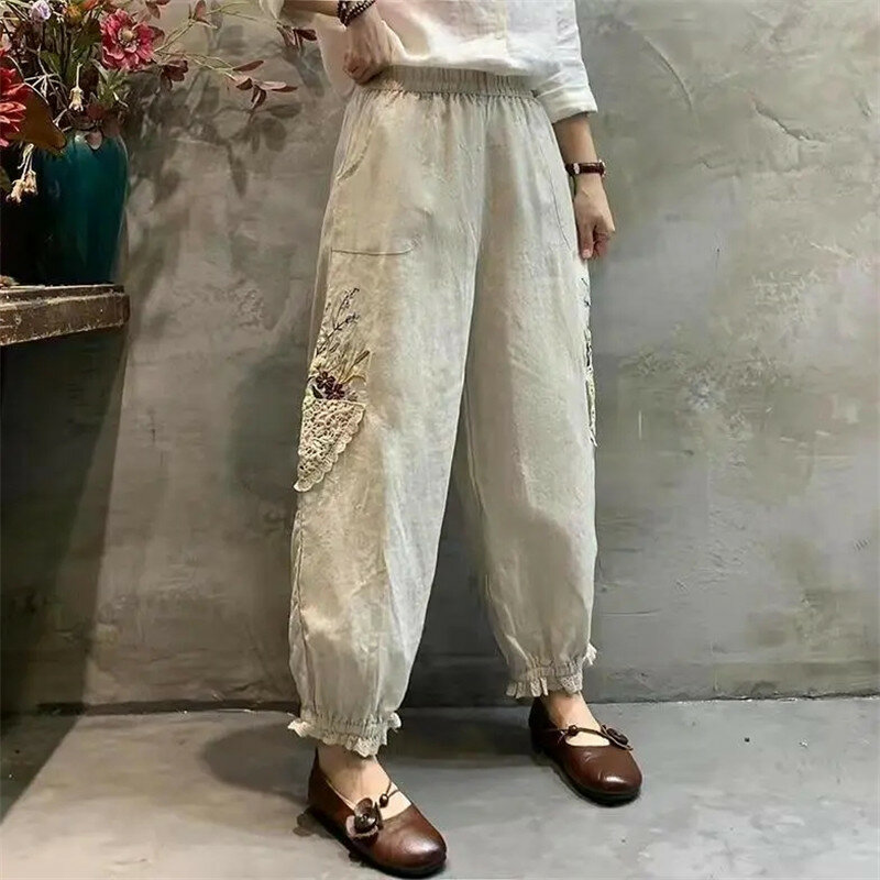 Harajuku-Pantalones informales de encaje bordado para mujer, pantalón holgado de lino y algodón con cintura elástica, estilo Harem Vintage, primavera y verano, 2022