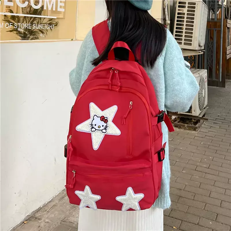 Nowy, ładny plecak dla dziewczynki Hello Kitty z pięcioramienną gwiazdą, wszechstronny, modny plecak szkolny o dużej pojemności dla kobiet