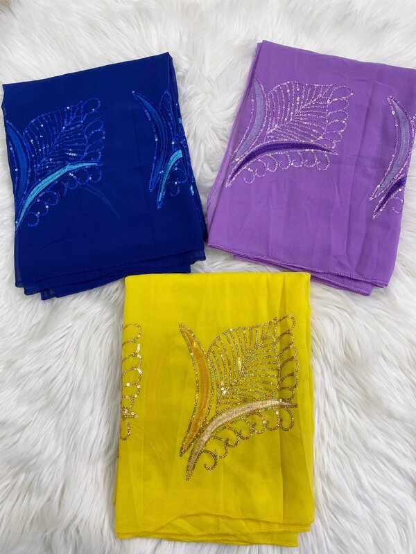 2024Muslim Women Hijab High Grade Soft Chiffon Fabric Sequins Embroidery Scarf Islamic Long Shawl Pashmina Scarves Medine Size