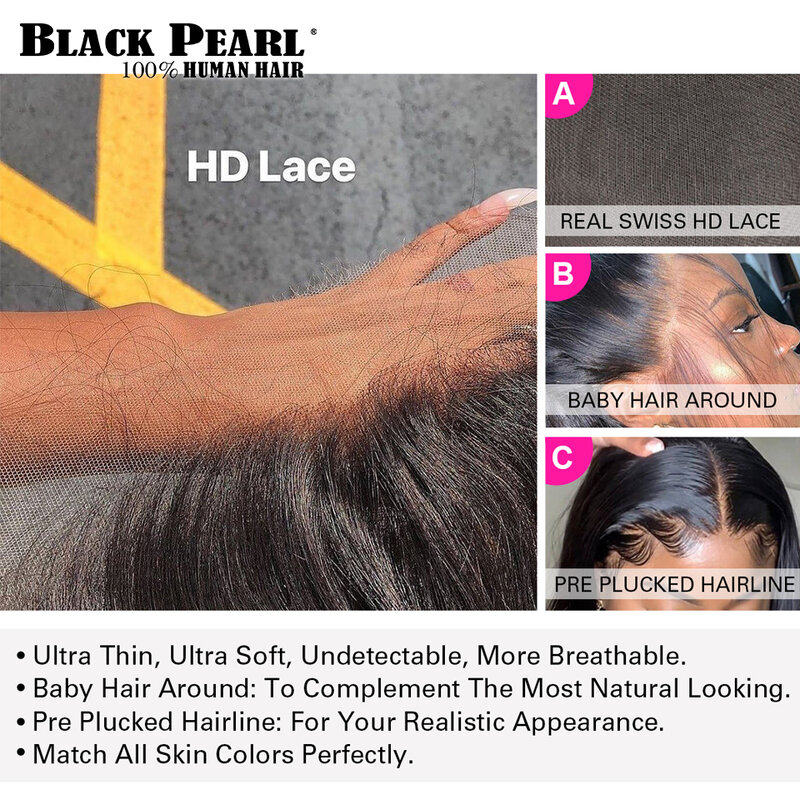 Peruca frontal do laço transparente para mulheres negras, peruca brasileira de onda reta, perucas de cabelo humano frente do laço, Remy 4x4, peruca de fechamento