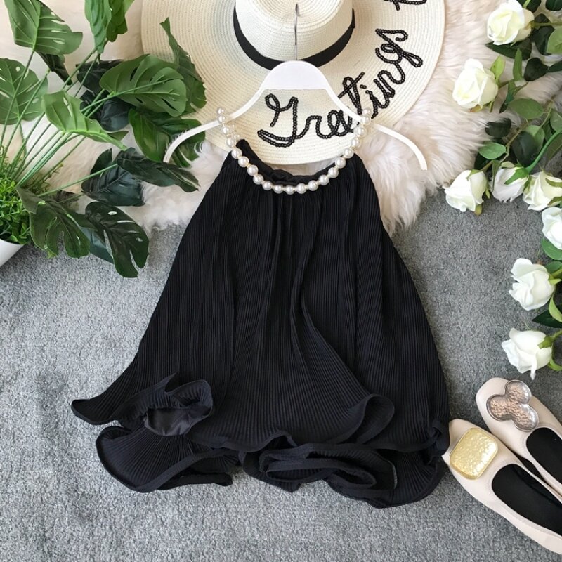 2023 Summer Korean Hanging Neck Style Pearl Decorative Tank Top Curled Chiffon Top Ruffled Bottom Loose Doll Top Sleeveless Top