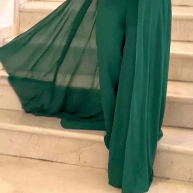 Fashion Sleeveless Hollow Out Cloak Playsuit Elegant Solid Green Long Jumpsuits Summer Ladies High Waist Wide Leg Pants Romper