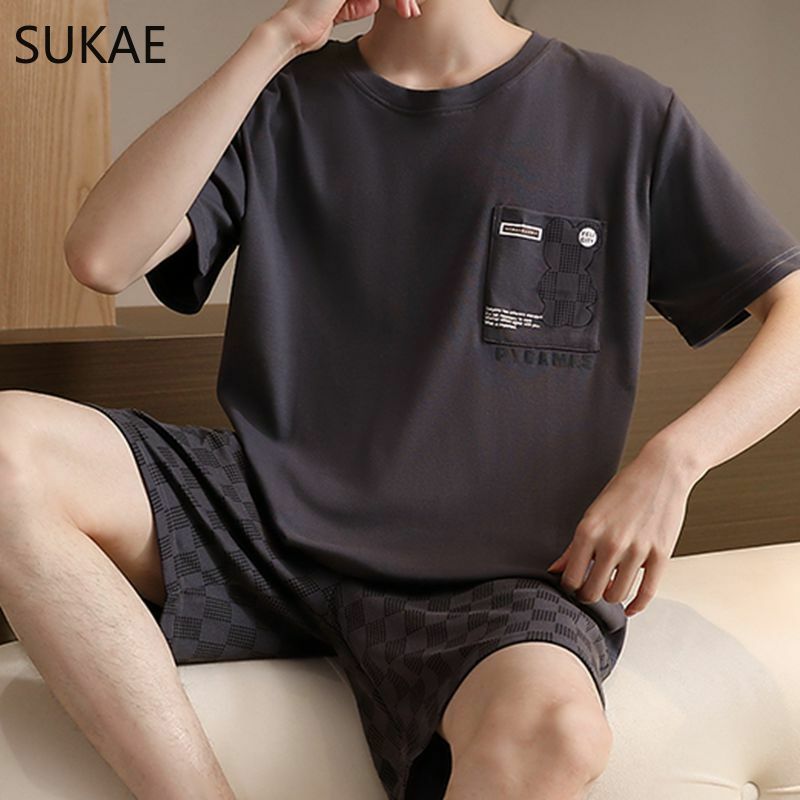 SUKAE-Conjunto de pijamas de algodão masculino, pijamas plus size, pijamas masculinos de lazer, mangas curtas, shorts, verão, L ao 5XL
