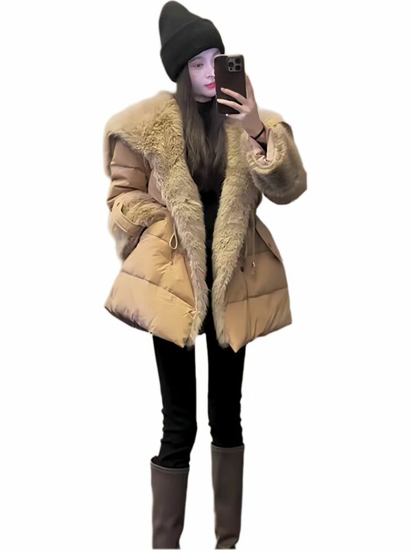 대형 모피 칼라 인조 여우 모피 다운 재킷, 우아한 카키 웨이스트 화이트 덕 다운 재킷, 겨울 2024 신상