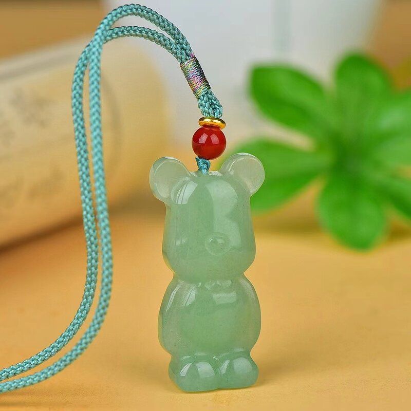 Aventurine Jade Pendant Natural Green Stone Necklace Pendants Men Women Cute Bear Mascot Jewellery Simple Charms Amulet Jewelry