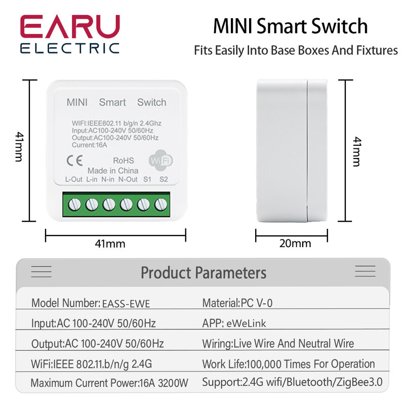 EWeLink-Mini Interruptor Inteligente com Wi-Fi, Luz LED ZigBee, controle remoto, DIY Módulo Relé Breaker, Controle do temporizador, Alexa, Google Home, 2Way, 16A
