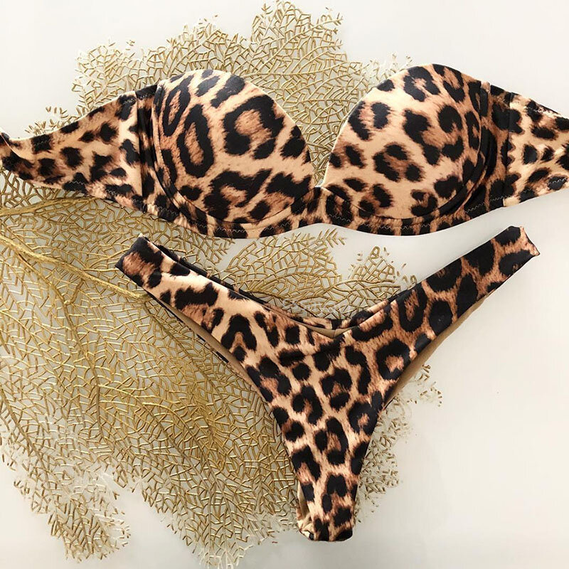 Conjunto de Bikini sin tirantes para mujer, traje de baño de dos piezas con estampado de leopardo, con realce, estilo Bandeau, 2023