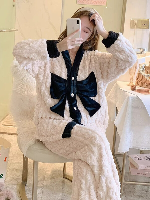 2Pcs Sleepwear For Women Long Sleeve Cardigan V-neck Top With Bow+Loose Pants Sets Winter New Thick Warm Female Home Sleepwear