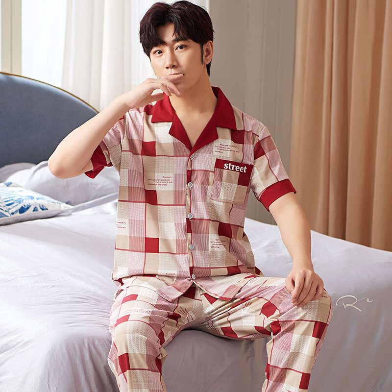 L-4XL 남성 잠옷 세트 격자 무늬 턴 다운 칼라 Pijamas 봄 여름 캐주얼 남성 잠옷