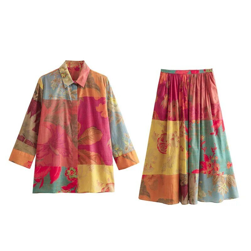 Conjunto de pijamas estampa floral feminino, loungewear, camisa de manga comprida, saia plissada de cintura alta, terno doméstico, 2 peças
