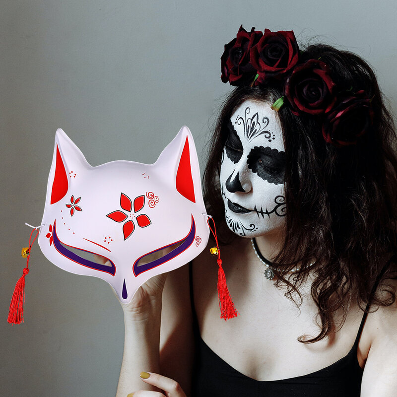 일본 여우 마스크, 반 얼굴, 손으로 그린 고양이 여우 마스크, 애니메이션 할로윈 축제, 메이크업 댄스 마스크, 파티 의상, 코스프레 소품