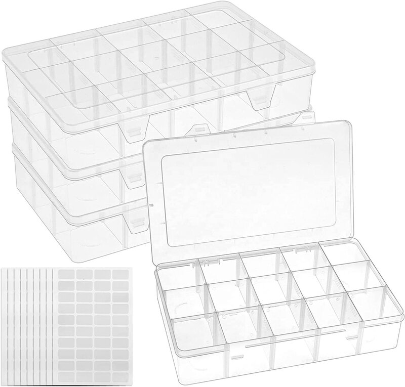 Contenedor de almacenamiento de 15 rejillas, caja transparente con divisores para cuentas de aparejos de costura, grande, paquete de 4